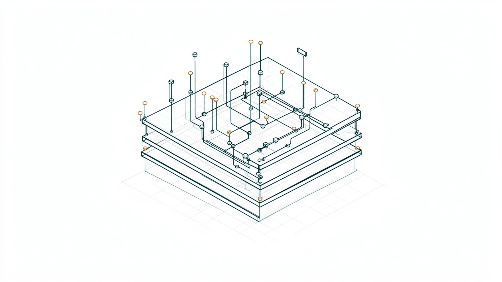 An isometric schematic of layered system architecture with nodes and conduits